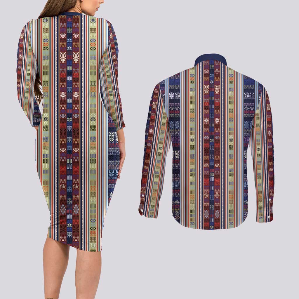 Lamba Mpanjaka Madagascar Couples Matching Long Sleeve Bodycon Dress and Long Sleeve Button Shirt Traditional Pattern