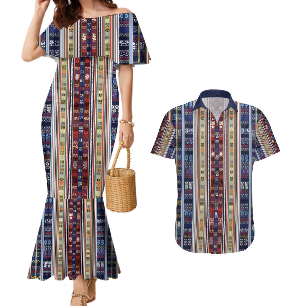 Lamba Mpanjaka Madagascar Couples Matching Mermaid Dress and Hawaiian Shirt Traditional Pattern