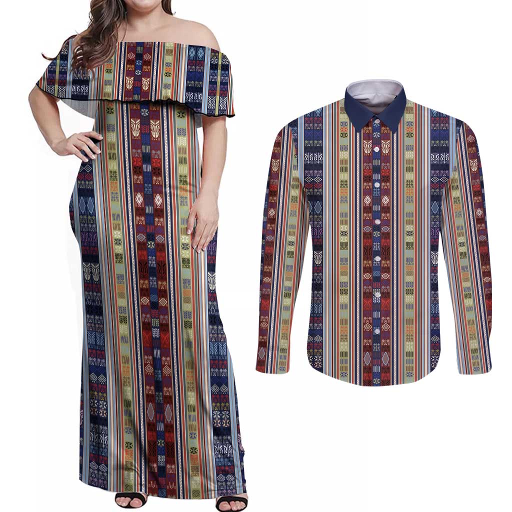 Lamba Mpanjaka Madagascar Couples Matching Off Shoulder Maxi Dress and Long Sleeve Button Shirt Traditional Pattern