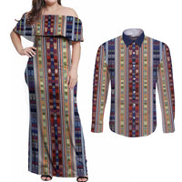 Lamba Mpanjaka Madagascar Couples Matching Off Shoulder Maxi Dress and Long Sleeve Button Shirt Traditional Pattern