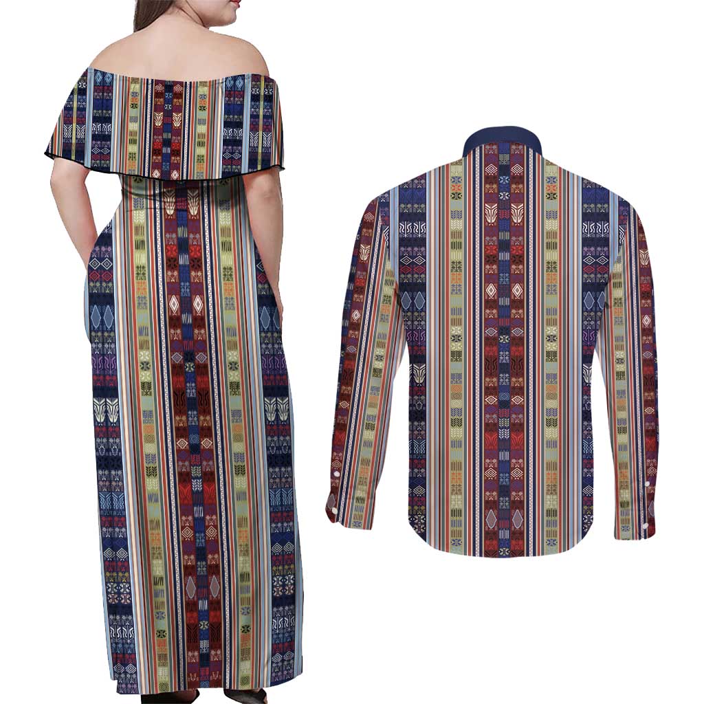 Lamba Mpanjaka Madagascar Couples Matching Off Shoulder Maxi Dress and Long Sleeve Button Shirt Traditional Pattern