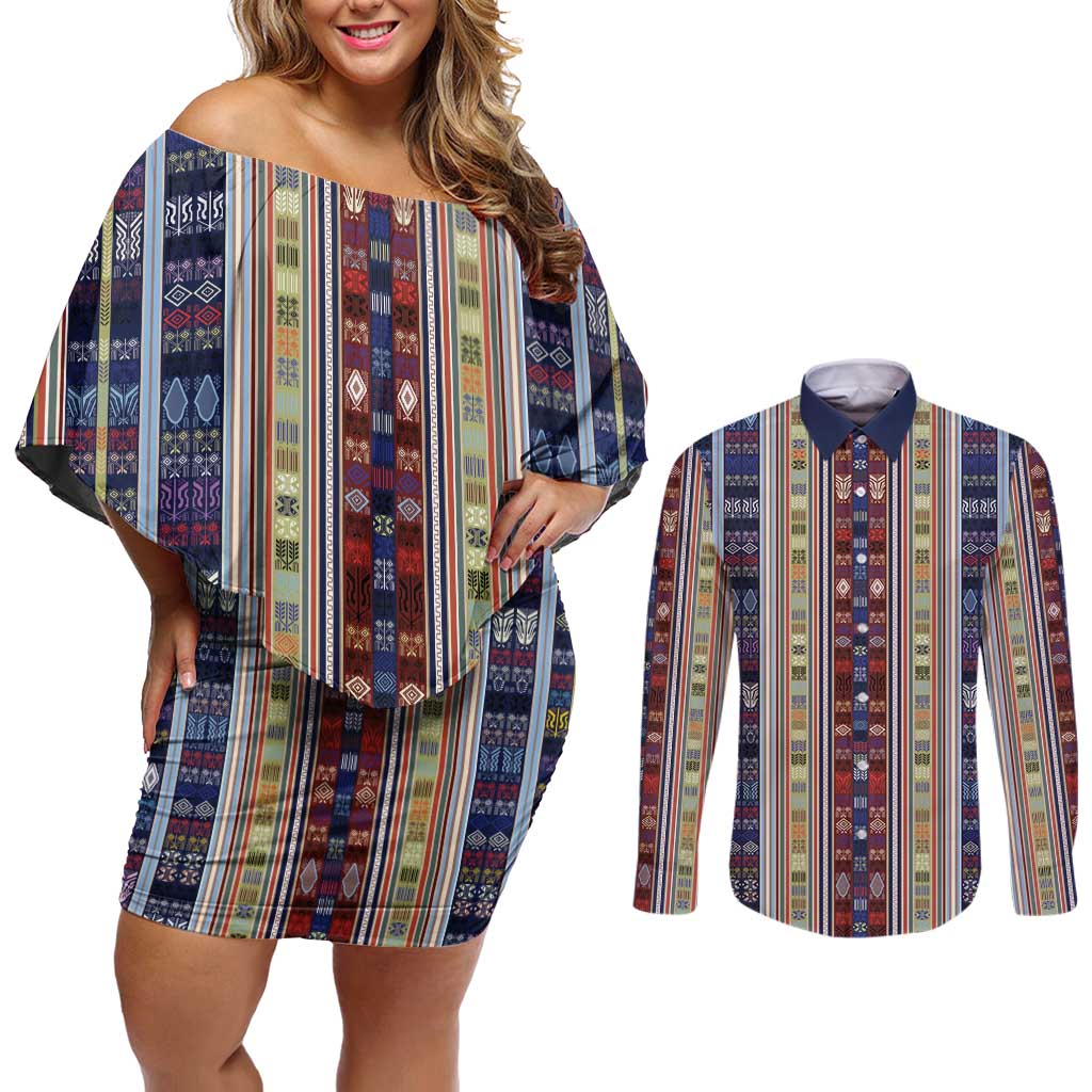 Lamba Mpanjaka Madagascar Couples Matching Off Shoulder Short Dress and Long Sleeve Button Shirt Traditional Pattern