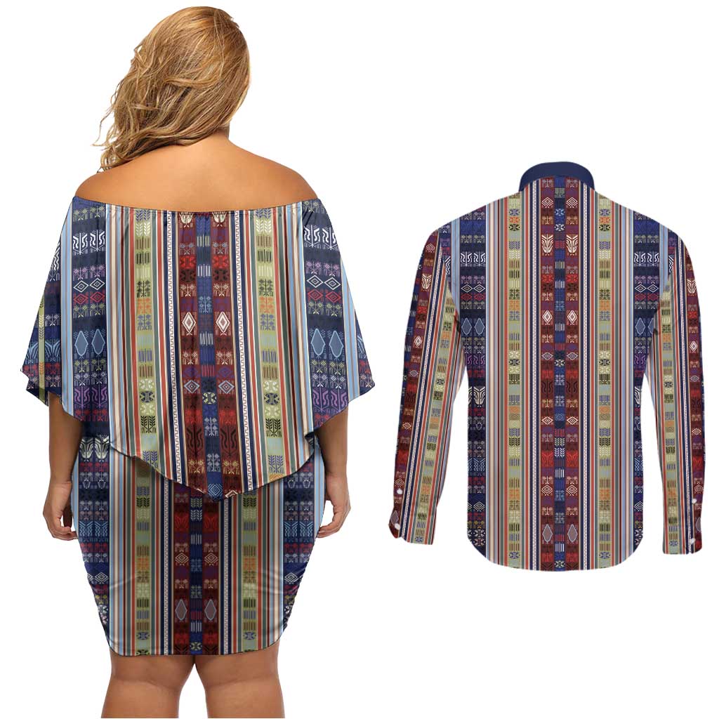 Lamba Mpanjaka Madagascar Couples Matching Off Shoulder Short Dress and Long Sleeve Button Shirt Traditional Pattern