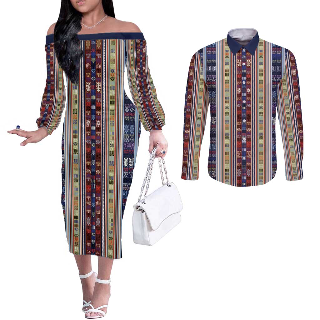 Lamba Mpanjaka Madagascar Couples Matching Off The Shoulder Long Sleeve Dress and Long Sleeve Button Shirt Traditional Pattern