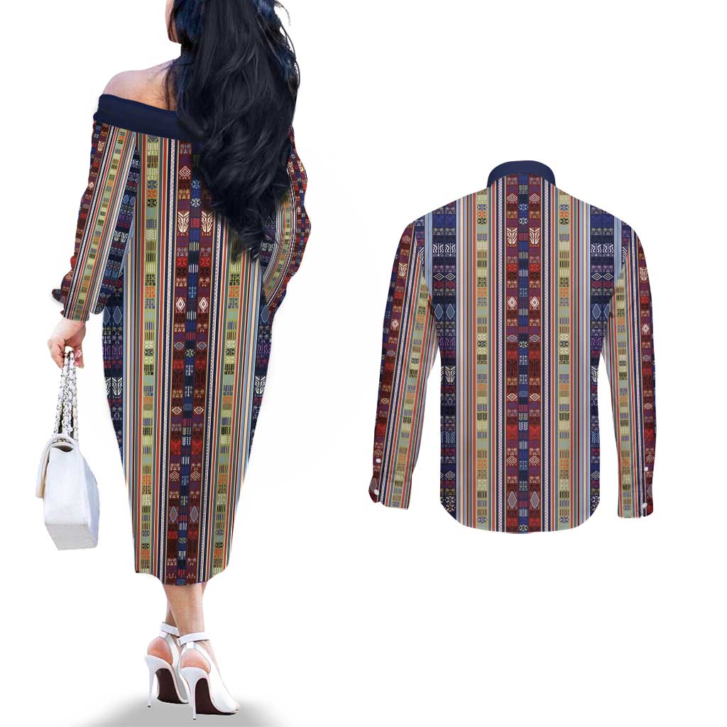 Lamba Mpanjaka Madagascar Couples Matching Off The Shoulder Long Sleeve Dress and Long Sleeve Button Shirt Traditional Pattern