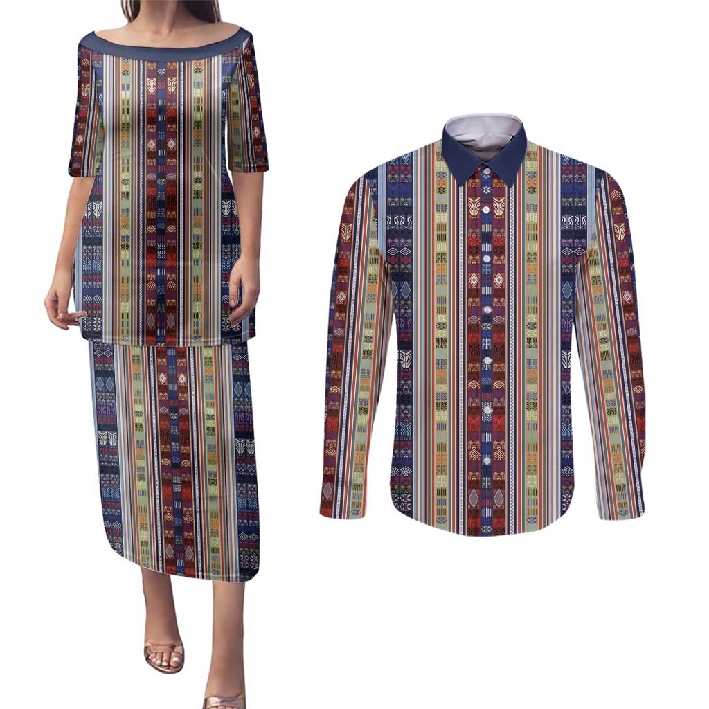 Lamba Mpanjaka Madagascar Couples Matching Puletasi and Long Sleeve Button Shirt Traditional Pattern