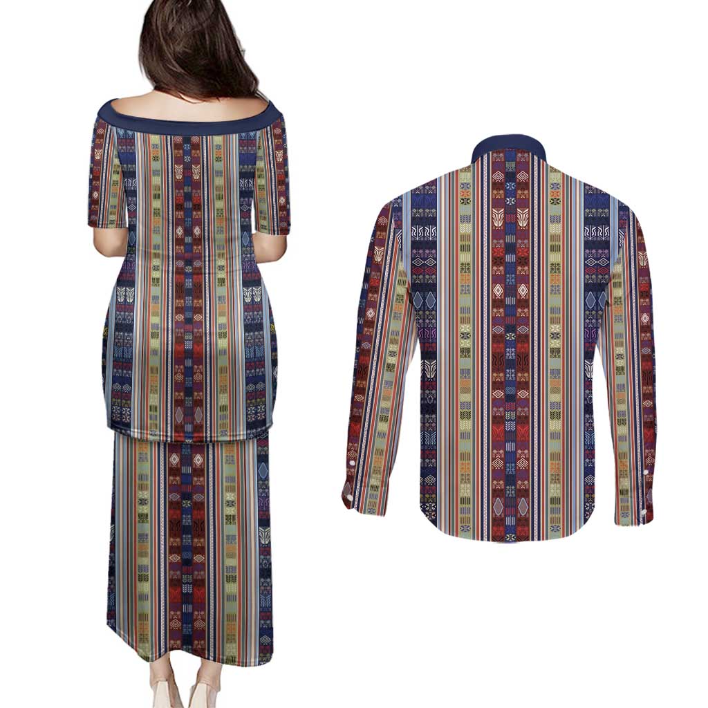 Lamba Mpanjaka Madagascar Couples Matching Puletasi and Long Sleeve Button Shirt Traditional Pattern