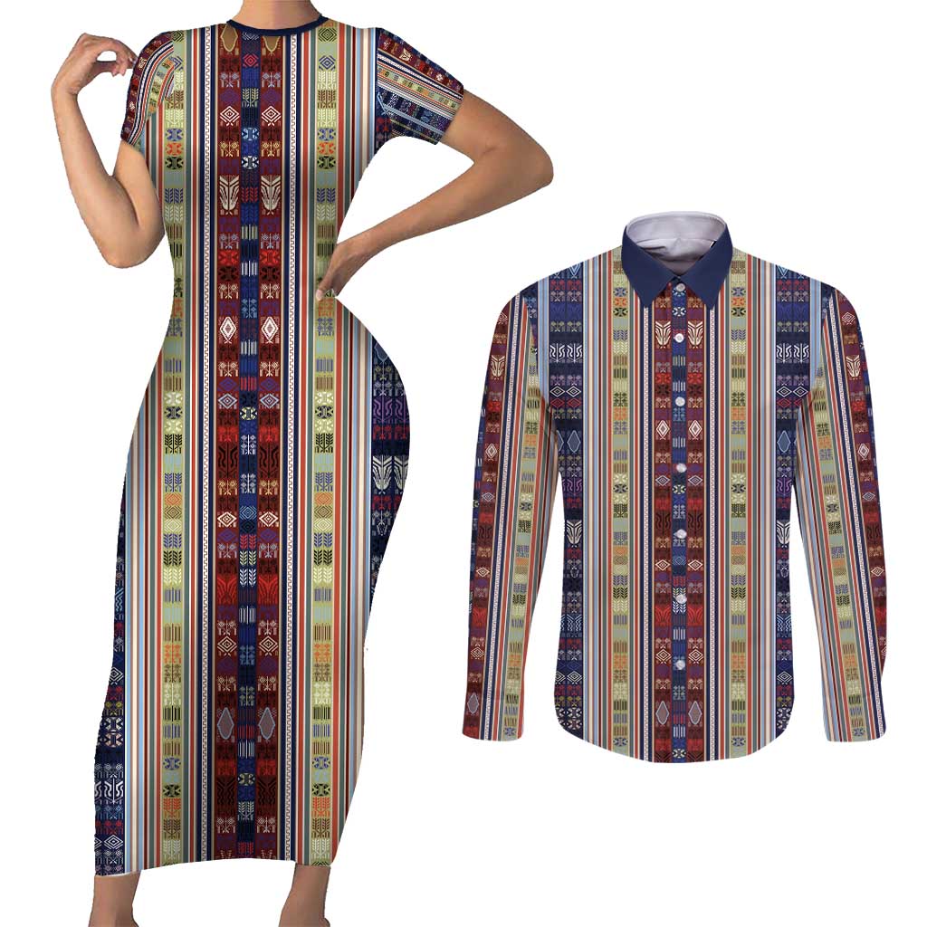 Lamba Mpanjaka Madagascar Couples Matching Short Sleeve Bodycon Dress and Long Sleeve Button Shirt Traditional Pattern
