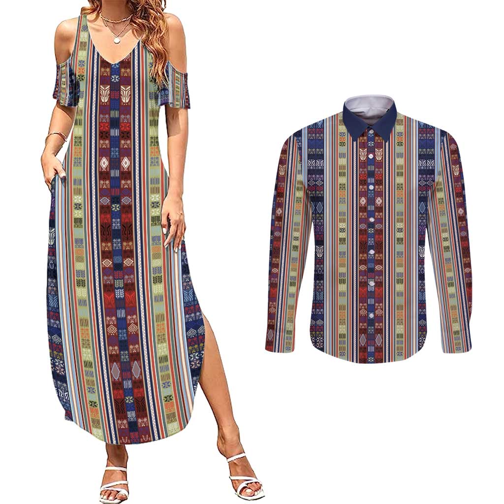 Lamba Mpanjaka Madagascar Couples Matching Summer Maxi Dress and Long Sleeve Button Shirt Traditional Pattern