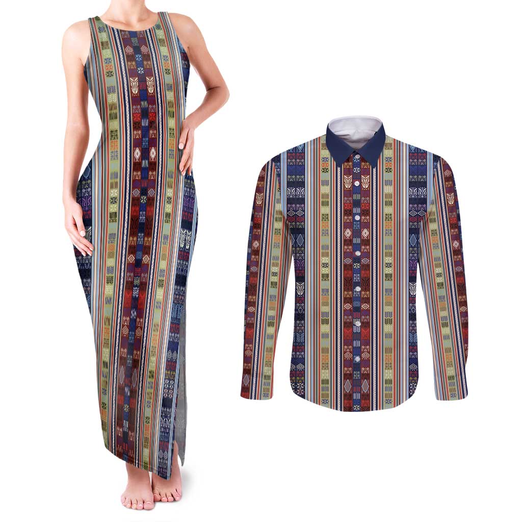 Lamba Mpanjaka Madagascar Couples Matching Tank Maxi Dress and Long Sleeve Button Shirt Traditional Pattern