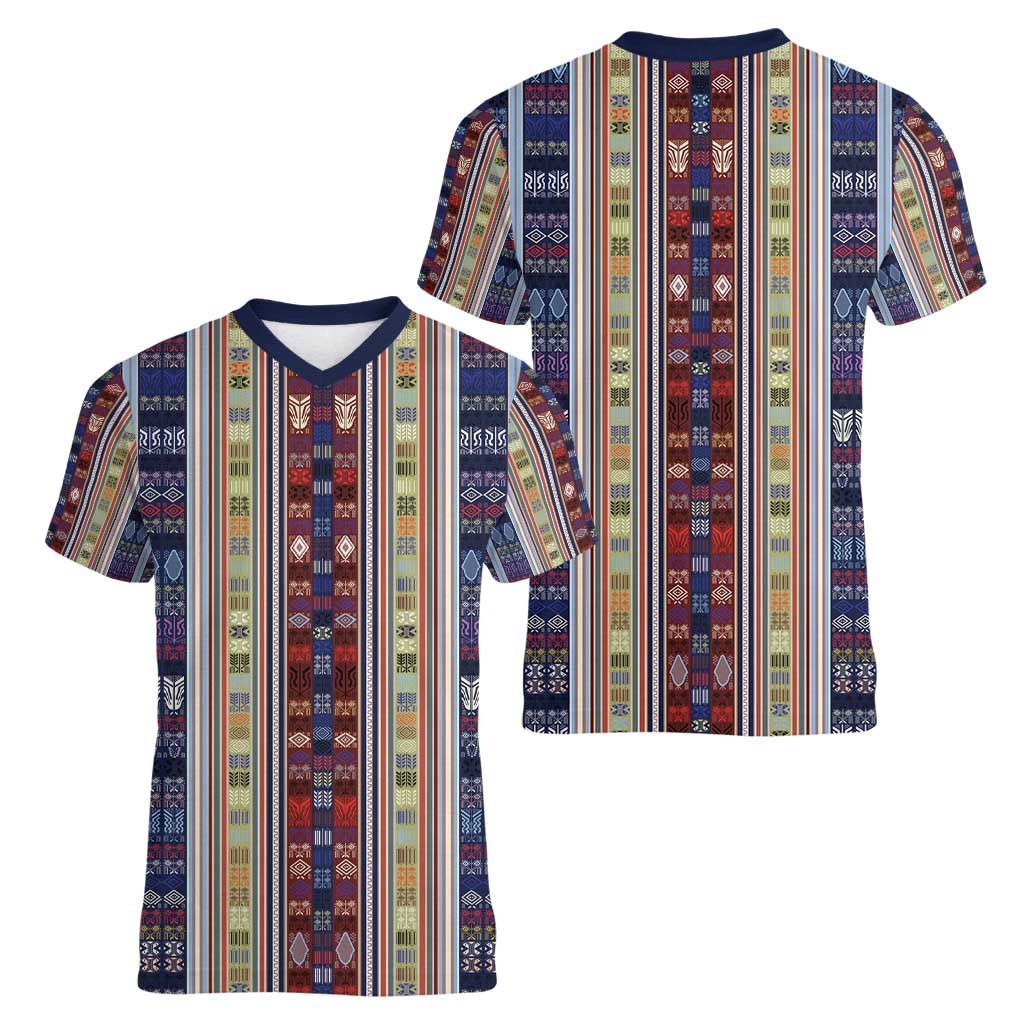 Lamba Mpanjaka Madagascar Women V-Neck T-Shirt Traditional Pattern