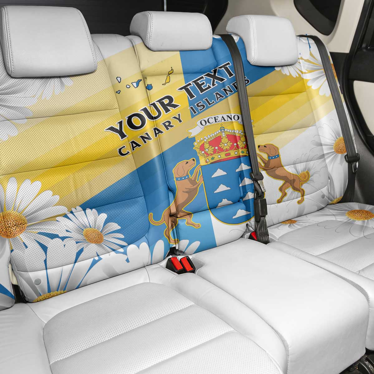 Personalized Islas Canarias Back Car Seat Cover Coat Of Arms With Argyranthemum Frutescens
