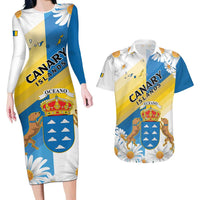 Personalized Islas Canarias Couples Matching Long Sleeve Bodycon Dress and Hawaiian Shirt Coat Of Arms With Argyranthemum Frutescens