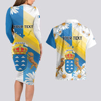 Personalized Islas Canarias Couples Matching Long Sleeve Bodycon Dress and Hawaiian Shirt Coat Of Arms With Argyranthemum Frutescens