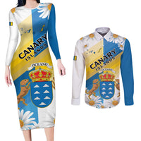 Personalized Islas Canarias Couples Matching Long Sleeve Bodycon Dress and Long Sleeve Button Shirt Coat Of Arms With Argyranthemum Frutescens