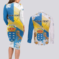 Personalized Islas Canarias Couples Matching Long Sleeve Bodycon Dress and Long Sleeve Button Shirt Coat Of Arms With Argyranthemum Frutescens