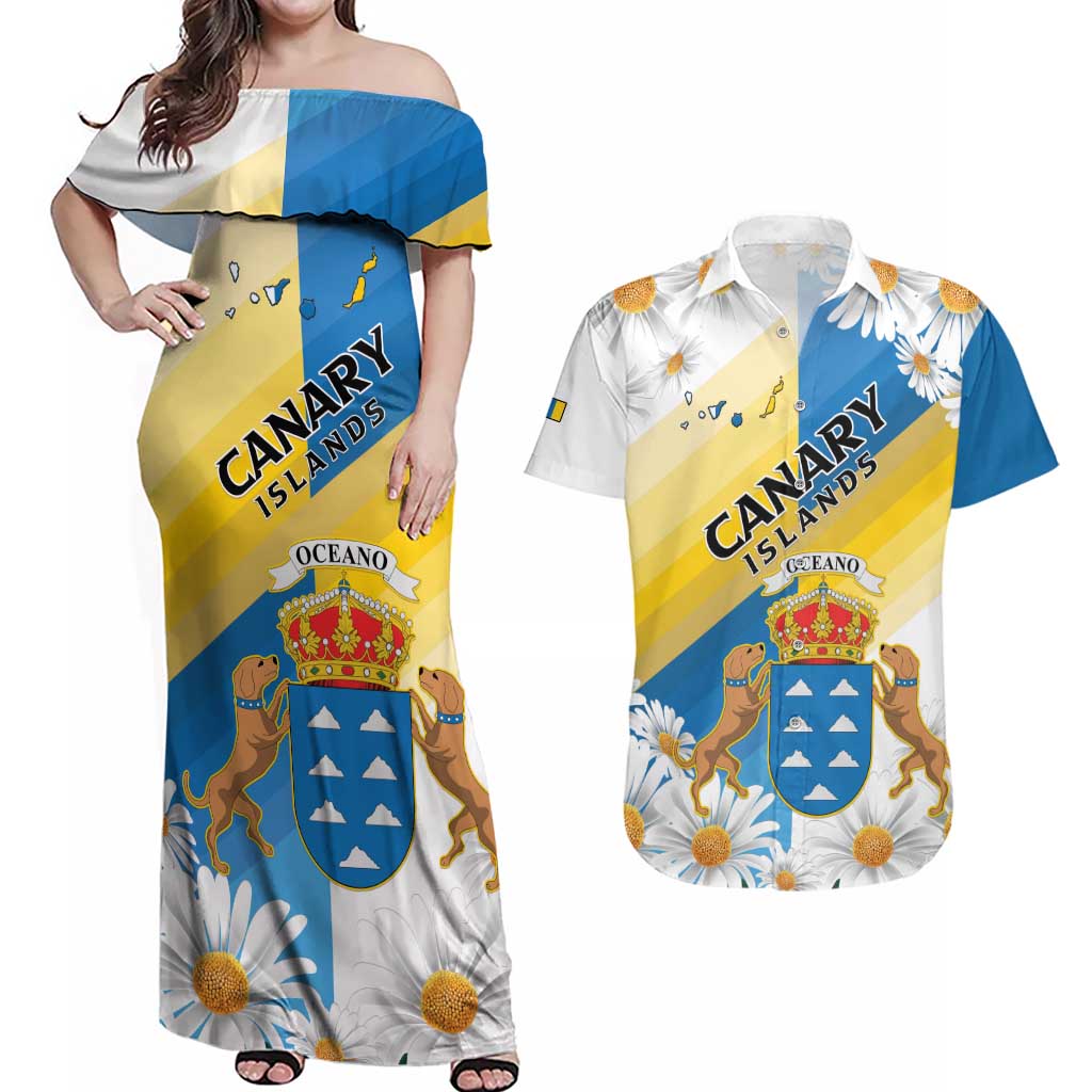 Personalized Islas Canarias Couples Matching Off Shoulder Maxi Dress and Hawaiian Shirt Coat Of Arms With Argyranthemum Frutescens