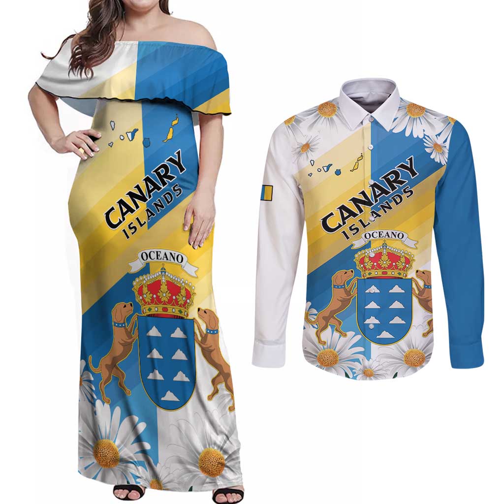 Personalized Islas Canarias Couples Matching Off Shoulder Maxi Dress and Long Sleeve Button Shirt Coat Of Arms With Argyranthemum Frutescens