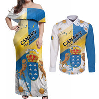 Personalized Islas Canarias Couples Matching Off Shoulder Maxi Dress and Long Sleeve Button Shirt Coat Of Arms With Argyranthemum Frutescens
