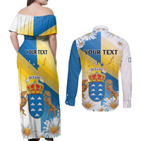 Personalized Islas Canarias Couples Matching Off Shoulder Maxi Dress and Long Sleeve Button Shirt Coat Of Arms With Argyranthemum Frutescens