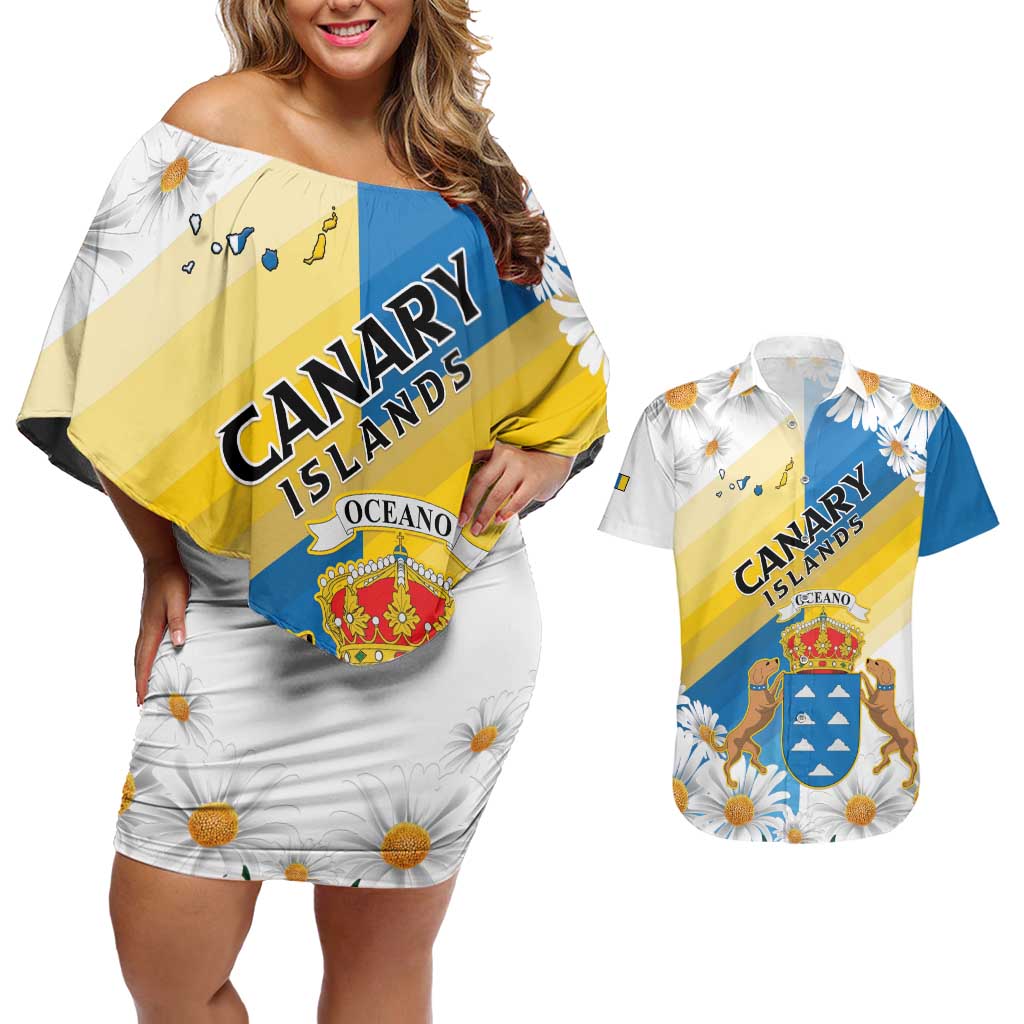 Personalized Islas Canarias Couples Matching Off Shoulder Short Dress and Hawaiian Shirt Coat Of Arms With Argyranthemum Frutescens