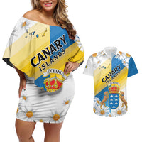 Personalized Islas Canarias Couples Matching Off Shoulder Short Dress and Hawaiian Shirt Coat Of Arms With Argyranthemum Frutescens