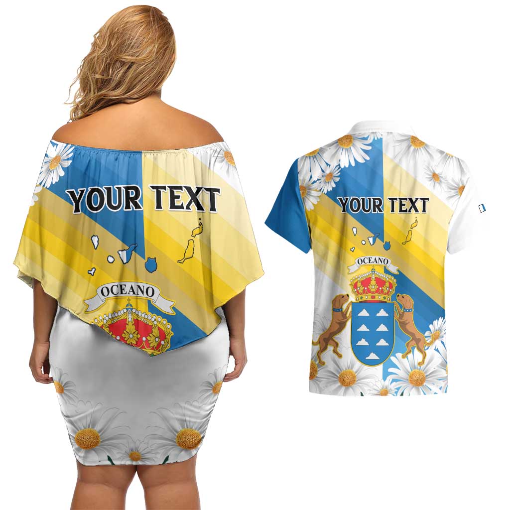 Personalized Islas Canarias Couples Matching Off Shoulder Short Dress and Hawaiian Shirt Coat Of Arms With Argyranthemum Frutescens