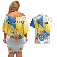 Personalized Islas Canarias Couples Matching Off Shoulder Short Dress and Hawaiian Shirt Coat Of Arms With Argyranthemum Frutescens