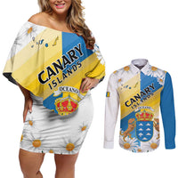 Personalized Islas Canarias Couples Matching Off Shoulder Short Dress and Long Sleeve Button Shirt Coat Of Arms With Argyranthemum Frutescens