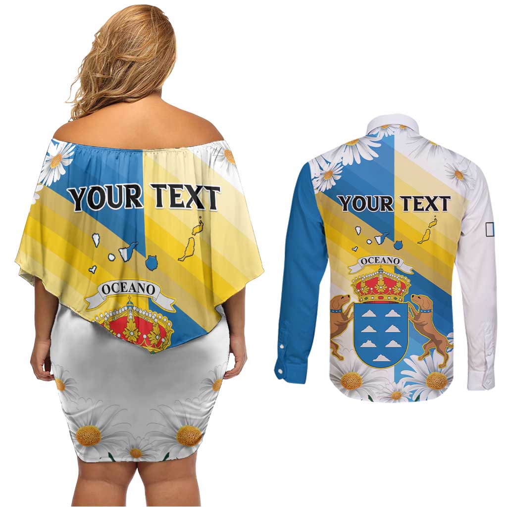 Personalized Islas Canarias Couples Matching Off Shoulder Short Dress and Long Sleeve Button Shirt Coat Of Arms With Argyranthemum Frutescens