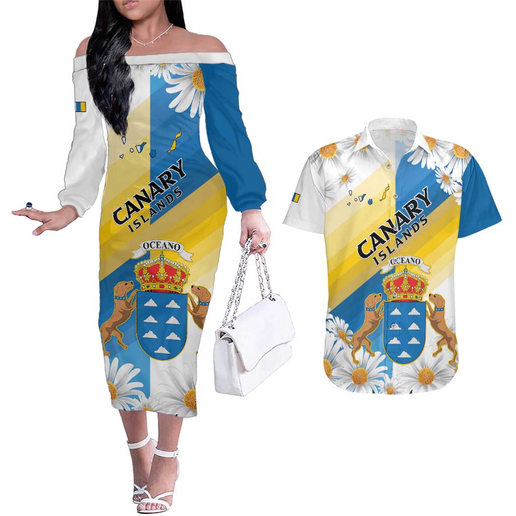Personalized Islas Canarias Couples Matching Off The Shoulder Long Sleeve Dress and Hawaiian Shirt Coat Of Arms With Argyranthemum Frutescens