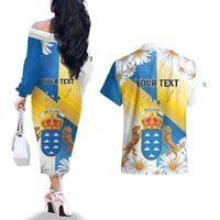 Personalized Islas Canarias Couples Matching Off The Shoulder Long Sleeve Dress and Hawaiian Shirt Coat Of Arms With Argyranthemum Frutescens