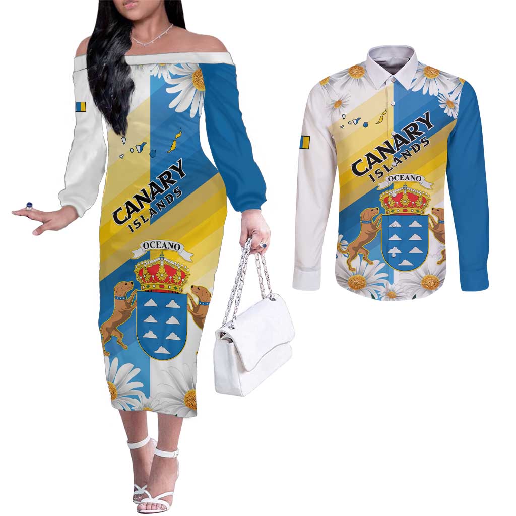 Personalized Islas Canarias Couples Matching Off The Shoulder Long Sleeve Dress and Long Sleeve Button Shirt Coat Of Arms With Argyranthemum Frutescens