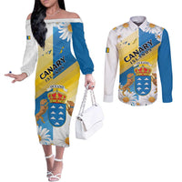 Personalized Islas Canarias Couples Matching Off The Shoulder Long Sleeve Dress and Long Sleeve Button Shirt Coat Of Arms With Argyranthemum Frutescens
