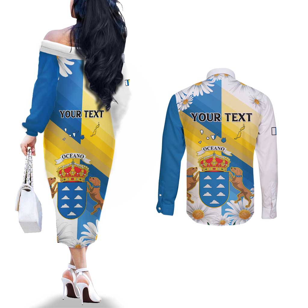 Personalized Islas Canarias Couples Matching Off The Shoulder Long Sleeve Dress and Long Sleeve Button Shirt Coat Of Arms With Argyranthemum Frutescens