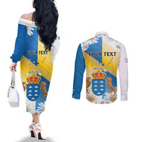 Personalized Islas Canarias Couples Matching Off The Shoulder Long Sleeve Dress and Long Sleeve Button Shirt Coat Of Arms With Argyranthemum Frutescens