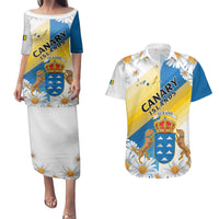 Personalized Islas Canarias Couples Matching Puletasi and Hawaiian Shirt Coat Of Arms With Argyranthemum Frutescens