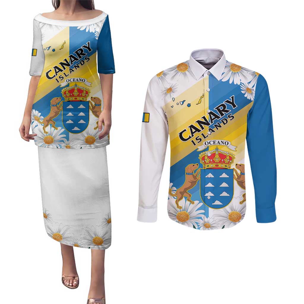 Personalized Islas Canarias Couples Matching Puletasi and Long Sleeve Button Shirt Coat Of Arms With Argyranthemum Frutescens