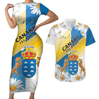 Personalized Islas Canarias Couples Matching Short Sleeve Bodycon Dress and Hawaiian Shirt Coat Of Arms With Argyranthemum Frutescens