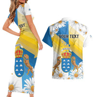 Personalized Islas Canarias Couples Matching Short Sleeve Bodycon Dress and Hawaiian Shirt Coat Of Arms With Argyranthemum Frutescens