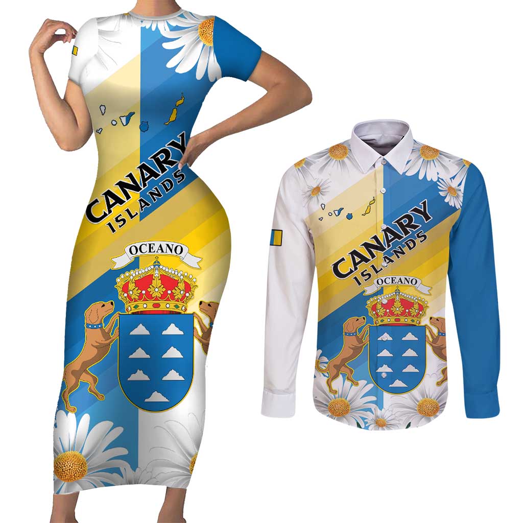 Personalized Islas Canarias Couples Matching Short Sleeve Bodycon Dress and Long Sleeve Button Shirt Coat Of Arms With Argyranthemum Frutescens