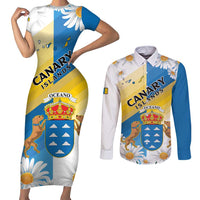 Personalized Islas Canarias Couples Matching Short Sleeve Bodycon Dress and Long Sleeve Button Shirt Coat Of Arms With Argyranthemum Frutescens