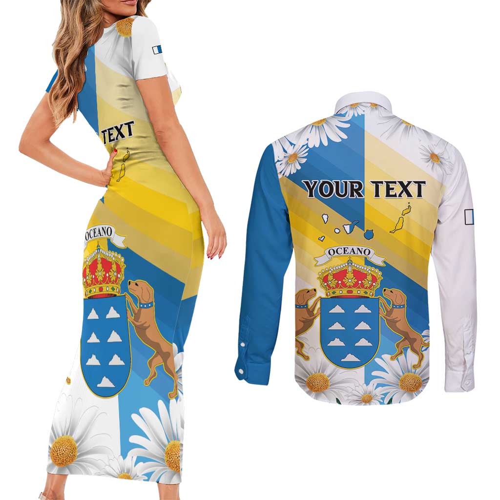 Personalized Islas Canarias Couples Matching Short Sleeve Bodycon Dress and Long Sleeve Button Shirt Coat Of Arms With Argyranthemum Frutescens