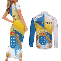 Personalized Islas Canarias Couples Matching Short Sleeve Bodycon Dress and Long Sleeve Button Shirt Coat Of Arms With Argyranthemum Frutescens