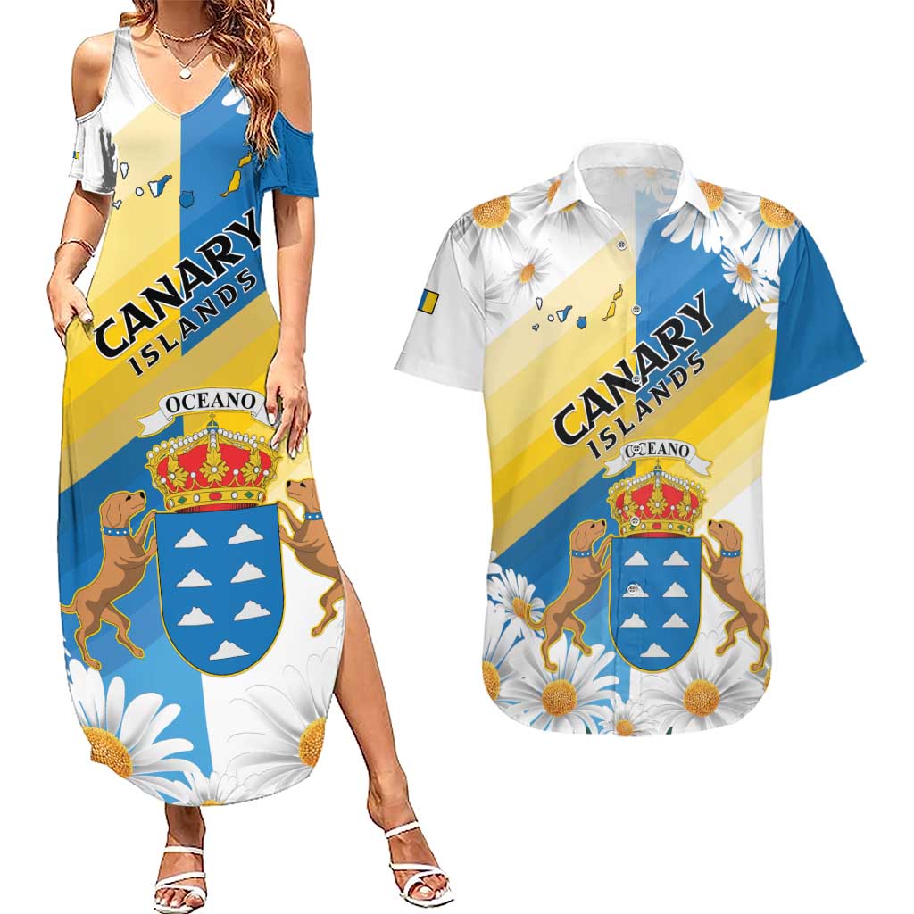 Personalized Islas Canarias Couples Matching Summer Maxi Dress and Hawaiian Shirt Coat Of Arms With Argyranthemum Frutescens