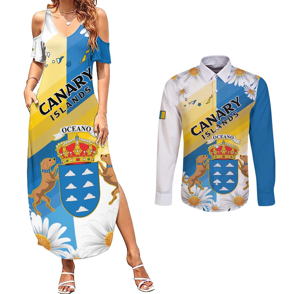 Personalized Islas Canarias Couples Matching Summer Maxi Dress and Long Sleeve Button Shirt Coat Of Arms With Argyranthemum Frutescens