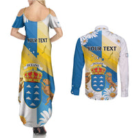 Personalized Islas Canarias Couples Matching Summer Maxi Dress and Long Sleeve Button Shirt Coat Of Arms With Argyranthemum Frutescens
