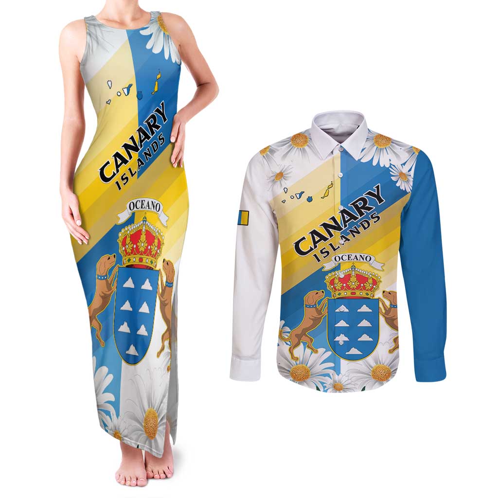 Personalized Islas Canarias Couples Matching Tank Maxi Dress and Long Sleeve Button Shirt Coat Of Arms With Argyranthemum Frutescens