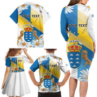 Personalized Islas Canarias Family Matching Long Sleeve Bodycon Dress and Hawaiian Shirt Coat Of Arms With Argyranthemum Frutescens