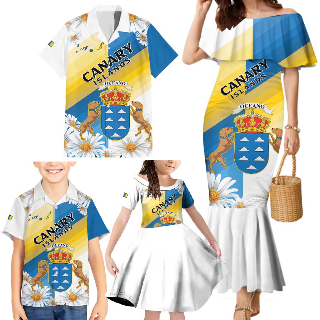 Personalized Islas Canarias Family Matching Mermaid Dress and Hawaiian Shirt Coat Of Arms With Argyranthemum Frutescens